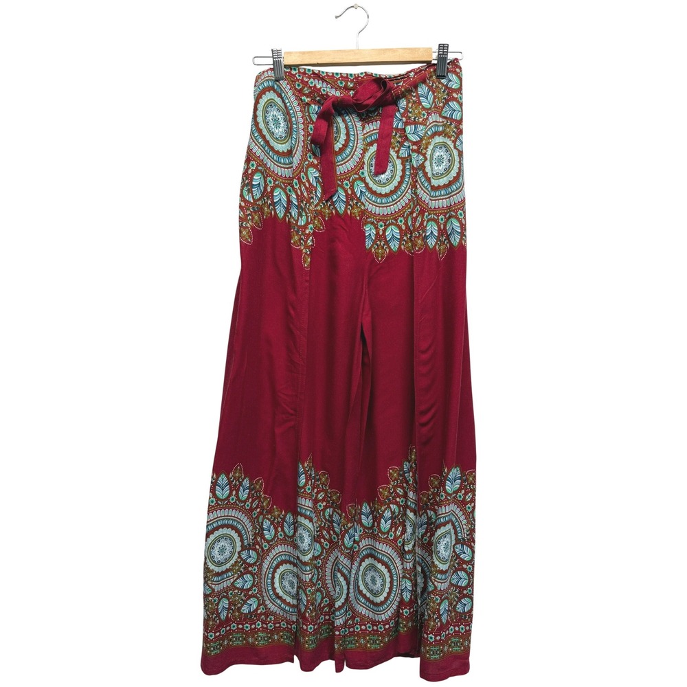 Red Mandala Print Wide Leg Palazzo Pants Bohemian Split Leg Trousers Small
